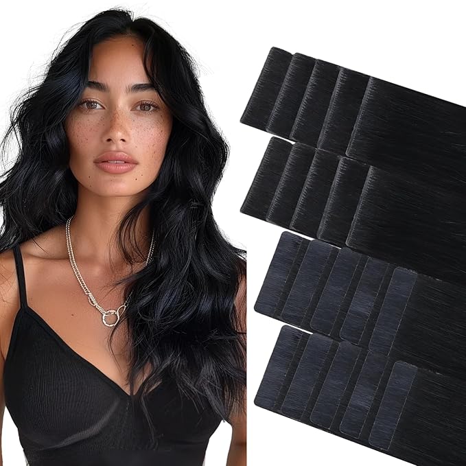 GOO GOO Invisi Edge Tape in Hair Extensions Human Hair, 1 Jet black 10pcs injected with 10pcs classical tape ins, 20inch 50g, Virgin Remy Hair, Natural Look