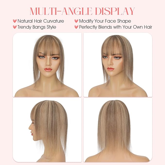 Hairro Mono Hair Toppers with Bangs, 3.4" x 3.4" Mono Base 100% Real Human Hairpieces for Women, 150% Density Clips In Topper for Greyish Thinning Hair, 10 Inch Medium Brown Mix Dark Blonde