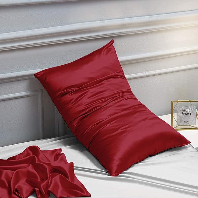 NTBAY 2 Pack Satin Standard Pillowcases for Hair and Skin, Luxurious and Silky Pillow Cases with Envelope Closure, 20x26 Inches, Wine Red