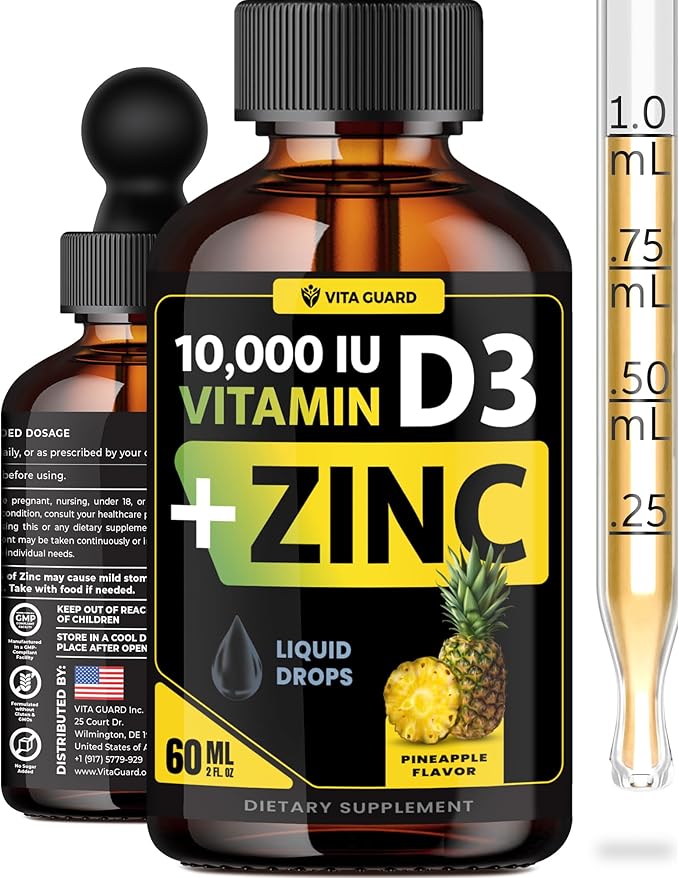 Vitamin D3 Drops with Zinc – 10,000 IU D3 & 15 mg Zinc Liquid Supplement – Immune Support for Men & Women – Sugar-Free Pineapple Flavor – 30-Day Supply