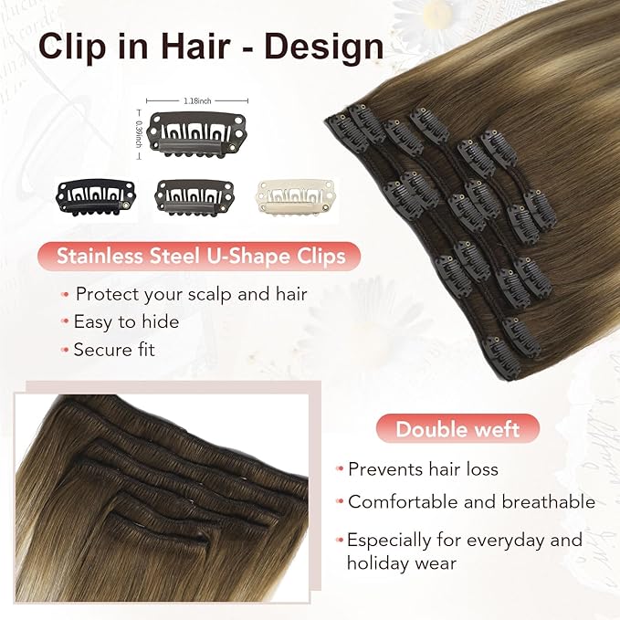 XDhair Clip in Hair Extensions Human Hair 120g 20 Inch 6pcs Balayage Color 3 Darker Brown to 8 Ash Brown and 22 Golden Blonde Double Drown Clip in Hair Extensions(20”, 3/8/22)