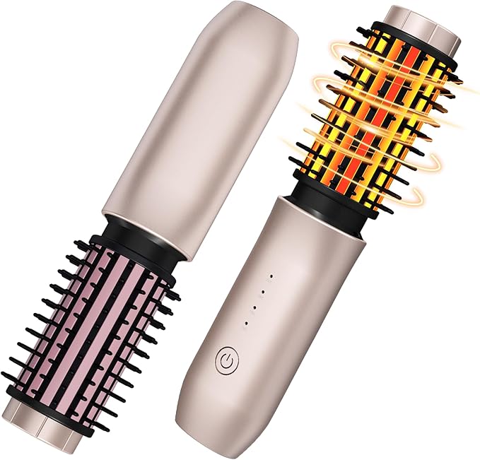 Cordless Hair Curling Iron Brush, Travel Curl Brush, 3-in-1 Portable Curling Iron Cordless, Plasma Thermal Hair Brush, 7000mAh USB Rechargeable Curlings Wand, Mini Hot Curlings Brush-Blush Pink