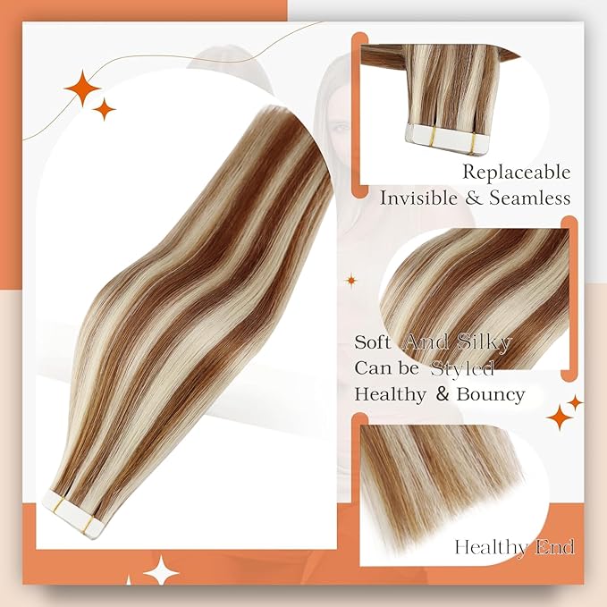 Full Shine Tape in Extensions Color 330 Copper Brown Highlighted 800 Blonde 12Inch Short Double Sided Tape in Hair Extensions Human Hair 30Gram Remy Straight Skin Weft 20Pcs for Women