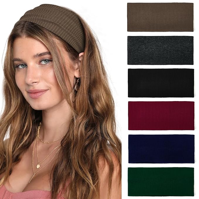 TERSE Headbands for Women Wide Non Slip Boho Head Bands Elastic Thick Soft Hairbands Fashion Workout Yoga Hair Accessories, 6 Pack