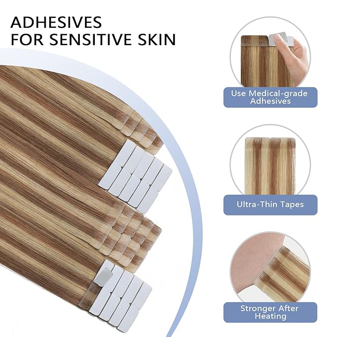 COOKAYU Invisible Tape in Hair, Gold Brown to Caramel Blonde 20pcs/pack 18Inch 40g Seamless Tape in Extensions Real Human Hair Injected Invisi Edge Extensions