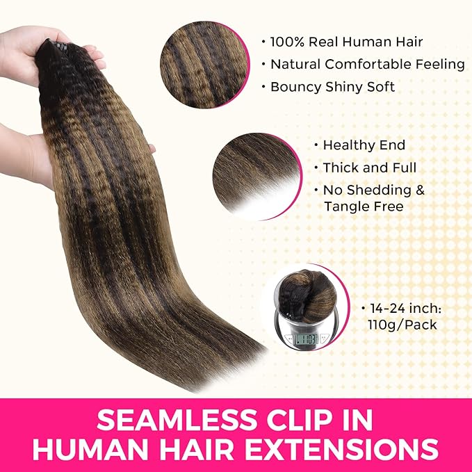 Lashey Seamless Clip in Hair Extensions Human Hair Kinky Straight 110g 7pcs 16 Inch Natural Black Mixed Chestnut Brown Clip in Hair Extensions with Soft PU Weft