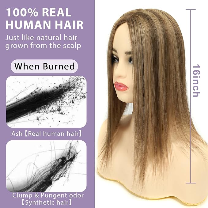 Toppers Hair Pieces for Women #TAC, 3x5 Inch Injected Silk Base 16 Inch Length 130% Density Real Human Hair Toppers