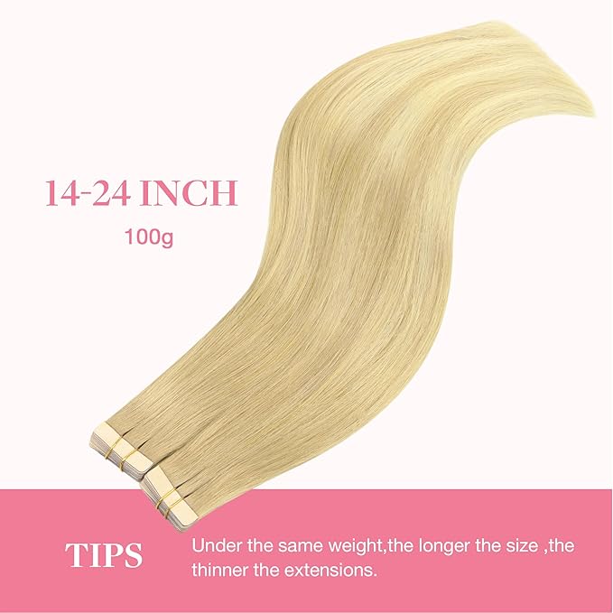 GOO GOO Tape in Hair Extensions Human Hair, 18AT60A Pearl Ash Blonde Highlights, 24inch 100g 40pcs, Skin Weft Seamless Invisible, Silky Straight with Thick Ends, Remy Human Hair