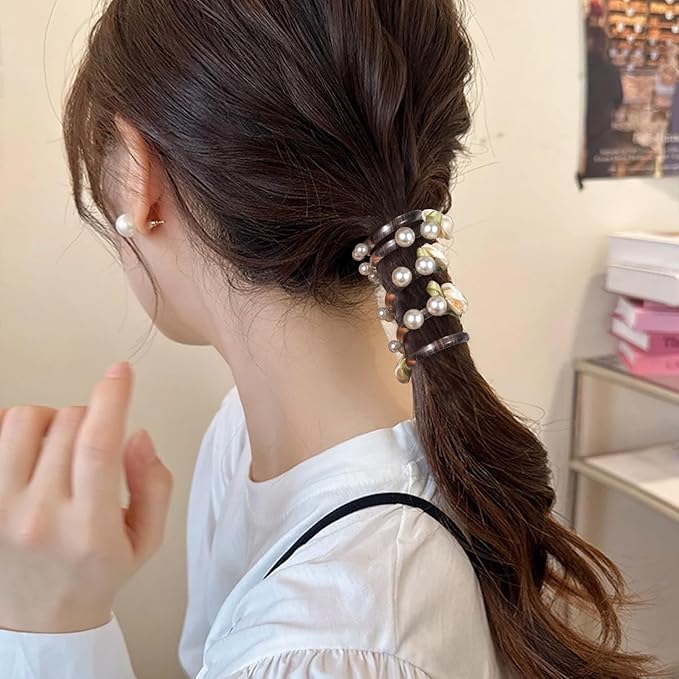4PCS Rose Bead Spiral Hair Ties, 2 Colors Floral Phone Cord Ponytail Holders for Women, Elegant Rubber Hair Coils, Stylish Hair Accessories for Party, Daily Use - White, Pink Flower