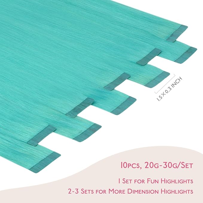 WENNALIFE Tape in Hair Extensions Human Hair Teal Green Tape in Extensions, 10pcs 30g 26 inch Remy Invisible Tape Ins Straight Colored Soft Real Human Hair Tape in Extensions Refill Set Extensions