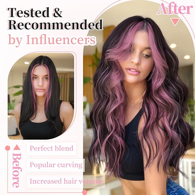 KooKaStyle Clip in Hair Extensions 4PCS Long Wavy Natural & Soft Hairpieces for Women 24 Inch for Women(Natural Black Pink)