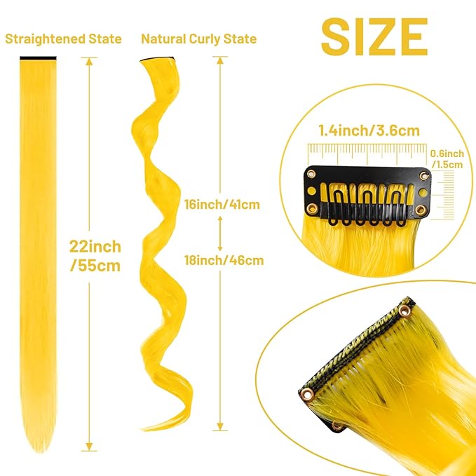 16 Pcs Colored Hair Extensions Curly Wavy Clip in Synthetic Hair Extensions,Colorful Party Highlights Hairpiece Streak for Girls Women Kids Christmas New Year Cosplay Party Gift(Yellow)