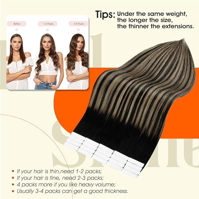 Full Shine Black Tape in Hair Extensions Human Hair 50Gram Real Hair Tape in Extensions 14Inch Glue in Human Hair 1B/27/1B Off Black Fading to Honey Blonde Seamless Hair Extensions 20Pcs Straight