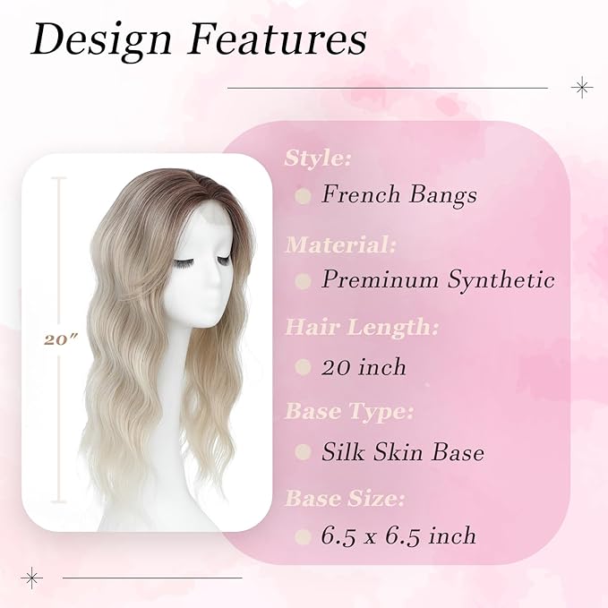 Hair Topper, 360° 3D Hair Toppers for Women with Thinning Crown, 20 Inch Long Wavy Curly Hair Pieces Clip in Bangs (Ash Blonde Mix Highlights with Brown Root, 20 inch, Side Bangs)