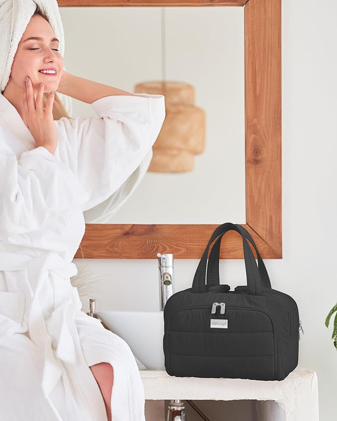 TOPDesign Travel Toiletry Bag for Women, Puffer Large Toiletry Bag, Lightweight Cosmetic Makeup Organizer with Handle for Traveling, Accessories, Essentials, Toiletries (Black)