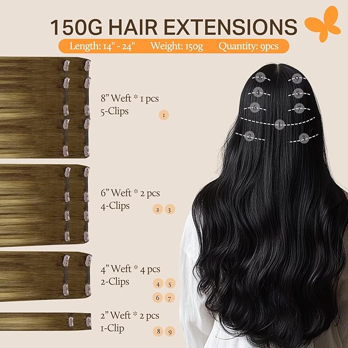 DOORES Hair Extensions Clip in Human Hair, Medium Brown Highlighted Dirty Blonde 16 Inch 150g 9pcs, Remy Human Hair Extensions Real Human Hair Straight Thick Extensions