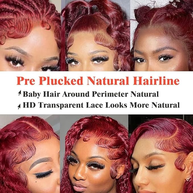 40 Inch 99J Burgundy Lace Front Wigs Human Hair Red Burgundy Wig 200% Density 13x6 Deep Wave Lace Front Wigs Human Hair Pre Plucked Glueless HD Lace Frontal Wigs for Women