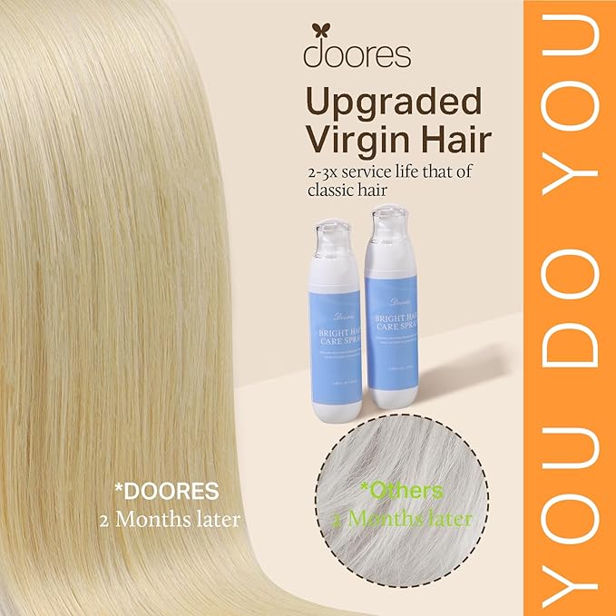 DOORES Seamless Clip-in Hair Extensions, Real Human Hair, Bleach Blonde 130g 7pcs 16 Inch, Straight, Invisi Edge