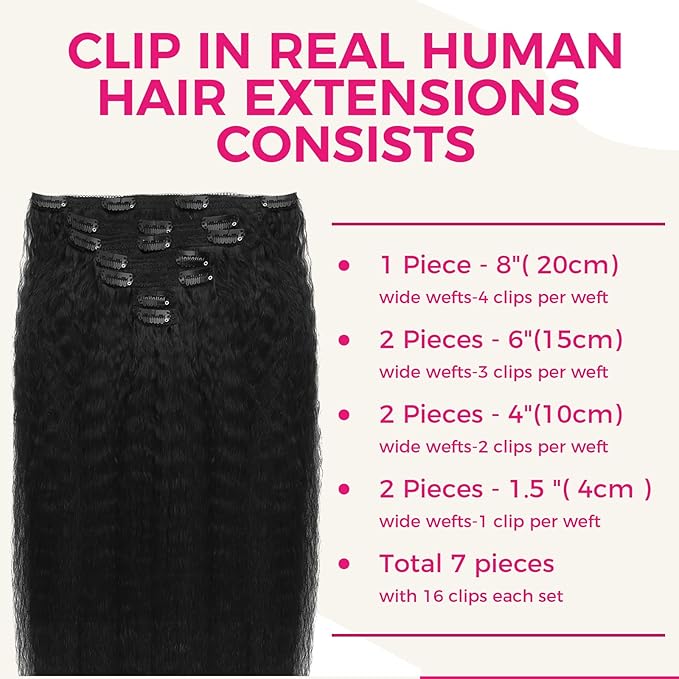 Lashey Kinky Straight Clip in Hair Extensions for Black Women, 18 Inch 7pcs 120g #1B Natural Black, Clip in Hair Extensions Real Human Hair Lace Clip Ins Thick Human Hair