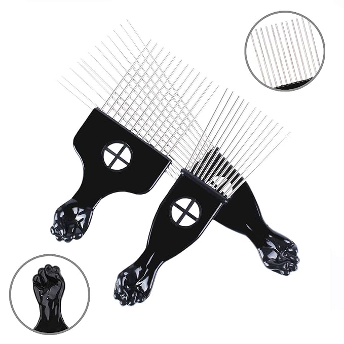 Hair Picks - Black Metal Afro Combs for Hair Styling, Fist Pick for Women and Men