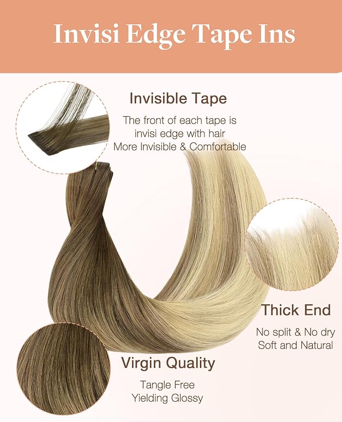 GOO GOO Invisi Edge Tape in Hair Extensions Human Hair, 3/8/613 Walnut Brown to Ash Brown and Bleach Blonde 20pcs injected with 20pcs classical tape ins, 10inch 60g, Virgin Remy Hair, Natural Look
