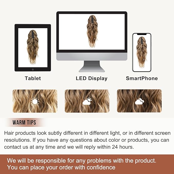 FLUFYMOOZ Ponytail Extension, 18 Inch Claw Clip Ponytail Extension, Wavy Curly Claw Clip in Ponytail Hair Extensions, Natural Ponytail Synthetic Hairpiece for Women (Chocolate Brown to Light Brown)