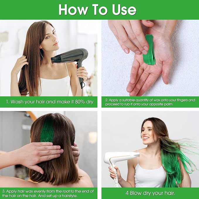 Temporary Hair Color Wax Kit, Stocking Stuffers for Teen Girls, Instant Hair Dye Color Wax Washable Natural Hair Color Cream for DIY Hairstyle on Crazy Hair Day, Children's Day, St. Patrick's (Green)