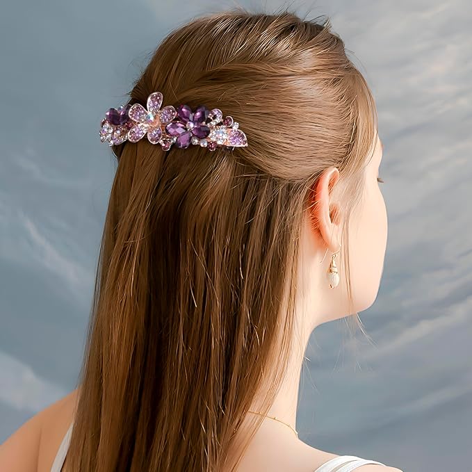 Joez Wonderful Rhinestone Hair Clip Sparkly Crystal Barrettes French Wedding Prom Engagement Pageant First Communion Hair Decorative Accessories for Women Bride Thick Long Hair (Flower Purple, 1 Pcs)