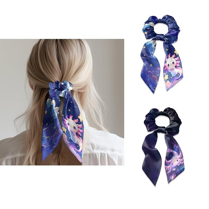 Axolotl Cute Hair Scrunchies with Ribbon Pack Of 2 Starry Sky Bow Scrunchy for Women Girls Trendy Knotted Bow No Damage Ponytail Holder Hair Band