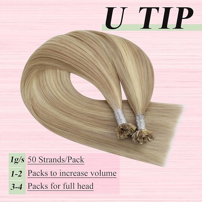YoungSee U Tip Hair Extensions Highlight Golden Blonde and Medium Blonde Human Hair Utips Extensions for Thin Hair Highlight K Tips Human Hair Extension Silky Straight Hot Fusion 16inch 1G/S 50G