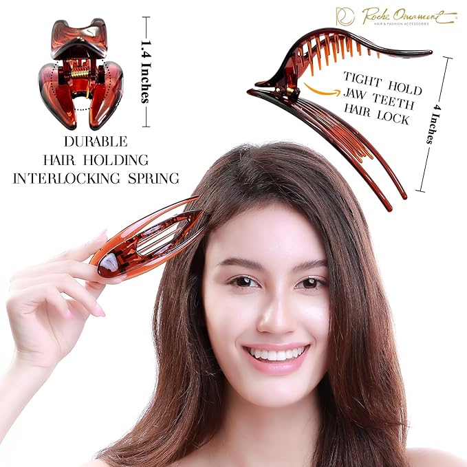 RC ROCHE 1 Pcs Flat Hair Clips Big Claw for Thick Hair French Duckbill Women No Slip Side Slide Curved Alligator Concord Strong Grip Hold Volume Lay Down Clamp, Large Brown