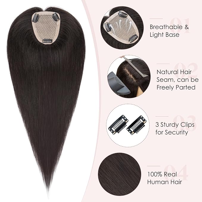 Hairro Human Hair Toppers Free Parted, 3.5x4.7" Base Hand-wovened 100% Real Hairpieces, with Invisible Clips-in for Women, for High Hairline/Adding Volume on Top, 12 Inch Light Natural Black