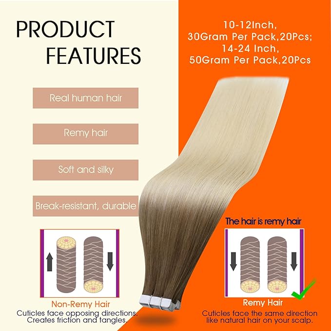 Full Shine Balayage Tape in Hair Extensions Human Hair Color 3/8/613 Brown And Blonde Tape in Extensions Remy Hair Extensions Tape ins 18Inch Seamless Invisible Straight Extension 50G 20Pcs for Women