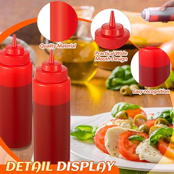 16 Pcs 32 oz Squeeze Bottle Large Plastic Wide Mouth Squeeze Bottles for Condiment Sauces Chocolate Ketchup Mustard BBQ Grill Restaurant (Red)