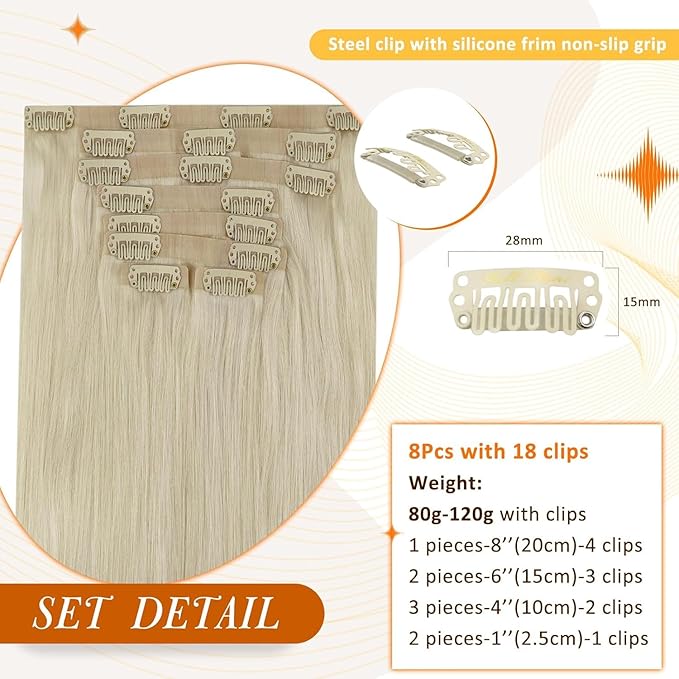 Full Shine Clip in Hair Extensions Blonde Human Hair Clip in Extensions Invisible Remy Hair for Women Platinum Blonde Real Hair Clip ins 20 Inch 8 PCS 120 Grams