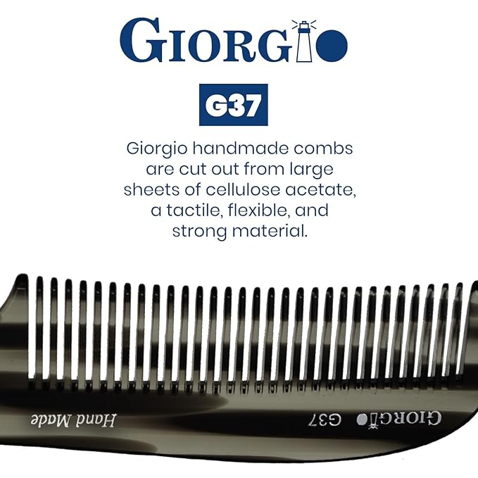 Giorgio G37 Large Coarse Detangler Comb, Wide Teeth for Thick, Curly, or Wavy Hair – For Wet and Dry Use, Handmade Rake Saw-Cut from Polished Cellulose (Black Graphite)