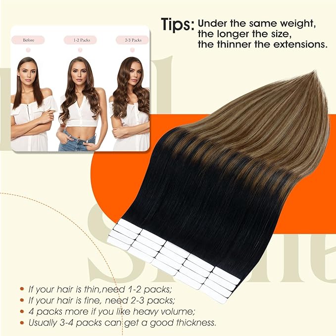 Full Shine Tape in Extensions Human Hair Color 1B Black Ombre 6 Brown And 27 Caramel Blonde Invisible Tape in Hair Extensions Human Hair 22Inch Remy Seamless Skin Weft 50Gram for Wedding 20Pcs