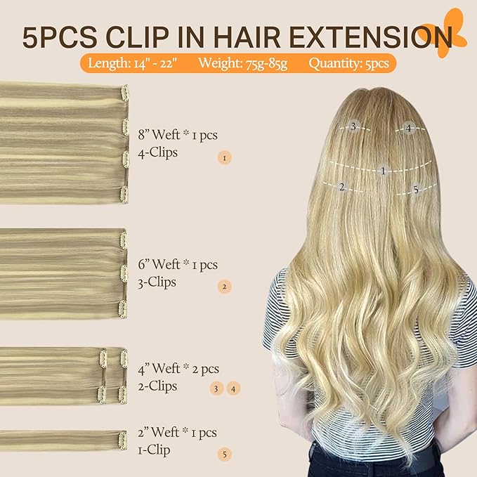 DOORES Clip in Human Hair Extensions, 5 pcs 80g Light Blonde Highlighted Golden Blonde Balayage 20 Inch Hair Extensions Clip in Real Straight Natural Hair