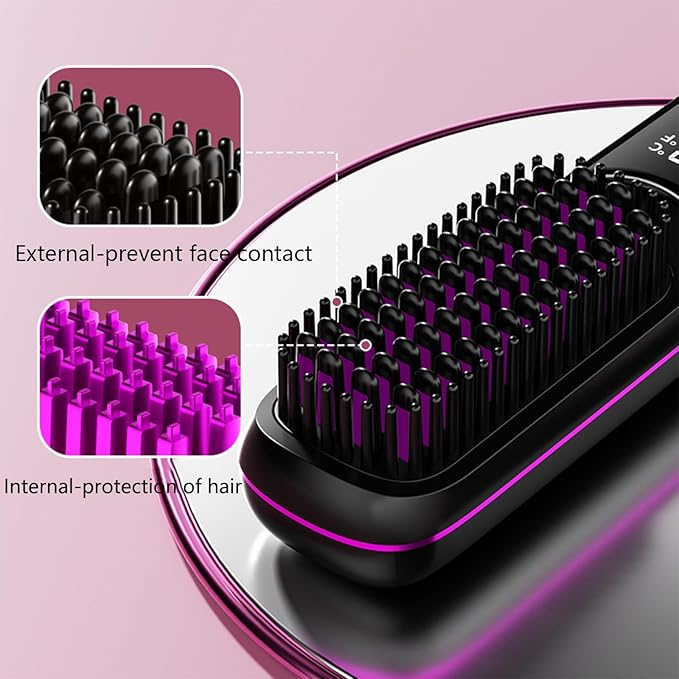 Go Brush Pro Hair Straightener – Cordless Comb with Negative Ion, 7400mAh Fast Heating & Portable Travel Design, Rechargeable Brush for Straightening and Curling (Black-1Pcs)