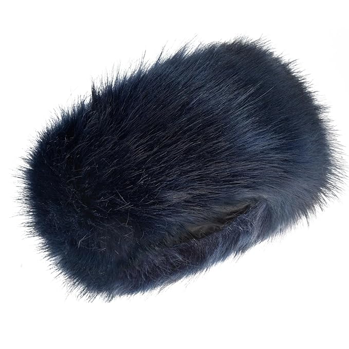 Faux Fur Headband for Women Elastic Fuzzy Thick Earmuffs Winter Headwrap Ear Muffs Furry Ear Warmers Cold Weather (Navy Blue)