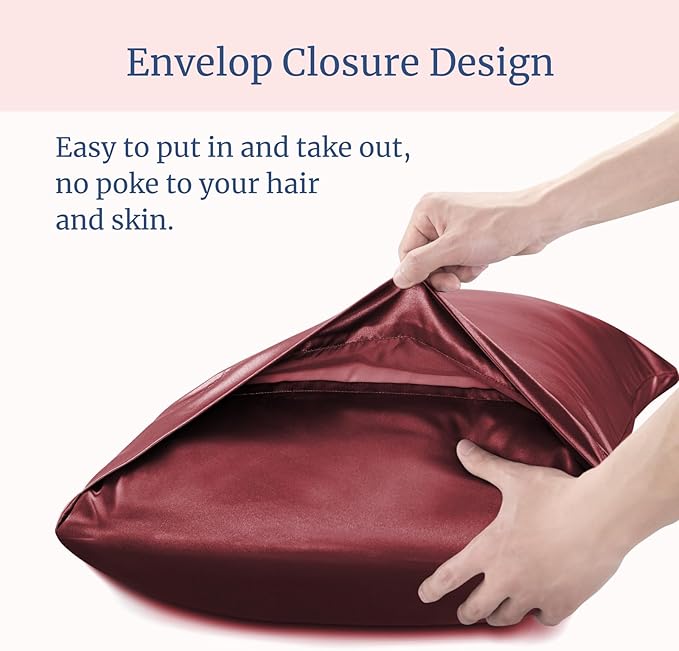 BEDELITE Satin Pillowcase for Hair and Skin, Super Soft and Cooling Similar to Silk Pillow Cases 2 Pack with Envelope Closure, Gift for Women Men(20"x30" Queen Size, Burgundy)