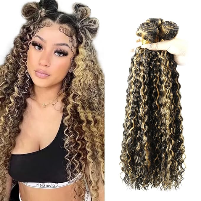 28 30 32 Inch Highlight Bundles Human Hair Blonde Deep Wave Bundle Brazilian Virgin Remy Hair Extensions Niegmeag 2 Tone Black and Honey Blonde Bundle P1B27 Color
