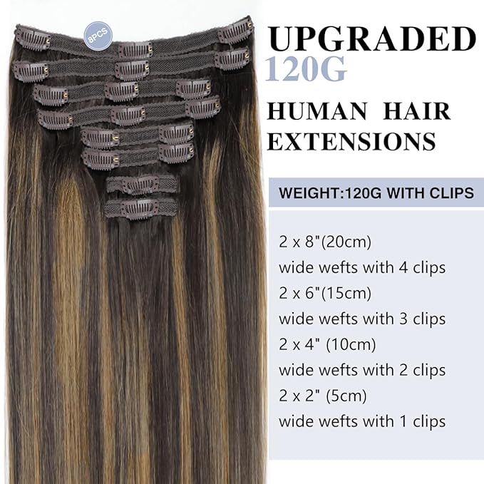 Straight Clip In Hair Extensions Real Human Hair 8Pcs Clip In Balayage Dark Brown to Chestnut Brown Human Hair Extensions with 18Clips Lace Weft 120g 14inch
