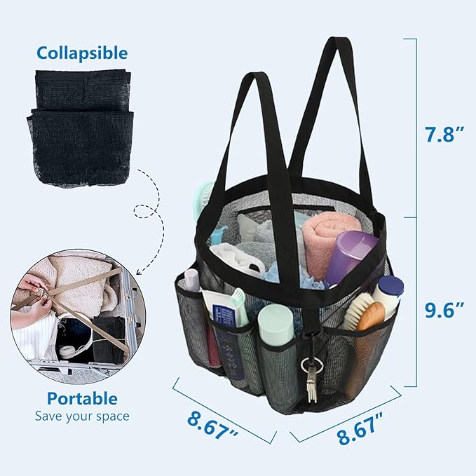 Mesh Shower Caddy – Portable Bathroom Organizer with 8 Pockets, Quick-Dry Hanging Shower Tote for College Dorm, Gym, Travel, and Shared Bathrooms – Black