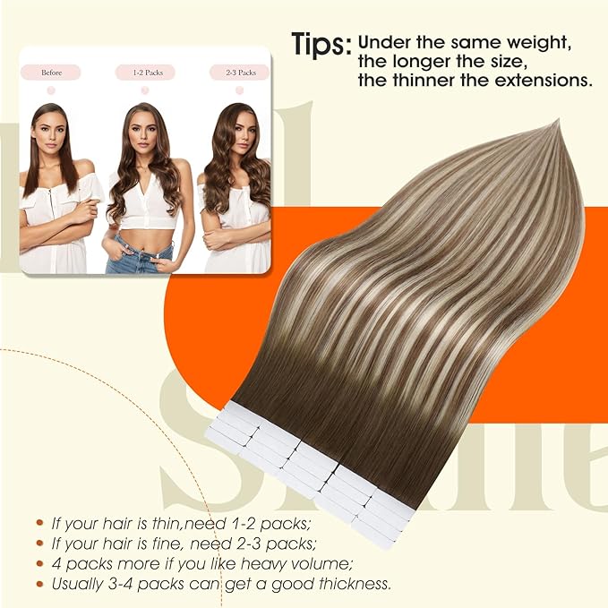 Full Shine Balayage Tape in Hair Extensions 24Inch Tape in Extensions 3/8/22 Brown to Ash Brown Mix Light Blonde Human Hair Double Sided Tapes ins 20Pcs 50G Straight Seamless Skin Weft Add length