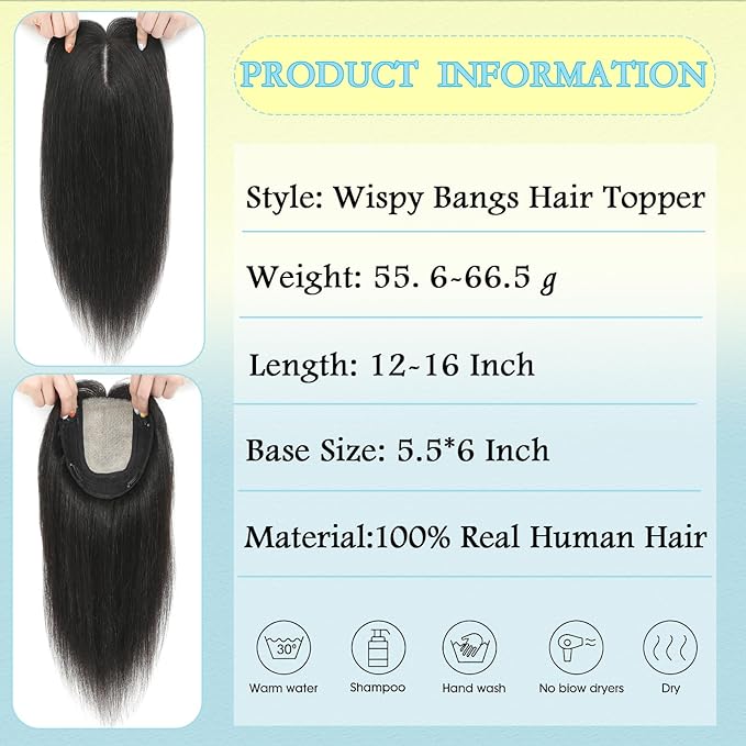 Hair Toppers for Women Real Human Hair, 360° 3D Toppers Pieces for Women with Thinning Crown Wispy Bangs 14 Inch Upgrade Big Basement (Natural Black, 14 Inch Wispy Bangs)