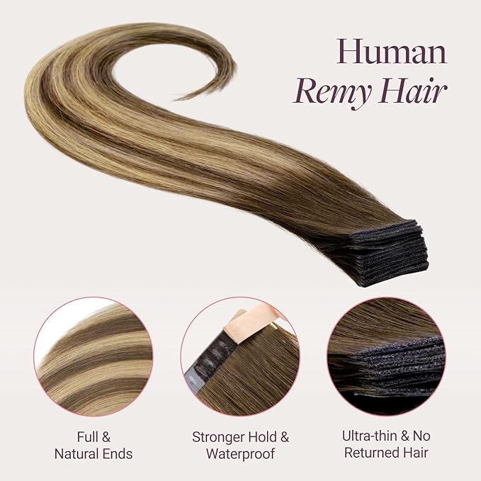 GOO GOO Genius Tape in Hair Extensions, Hand Tied Tape Weft, 4/27/4 Balayage Chocolate Brown to Caramel Blonde, 14inch 50g 20pcs, Remy Human Hair, Seamless Invisible Tape, Natural Blend, Lightweight