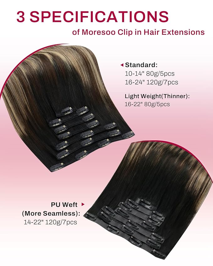 Moresoo Balayage Clip in Hair Extensions Human Hair Clip on Hair Extensions Ombre Black to Brown with Caramel Blonde Double Weft Full Head 7Pcs 120G 22 Inch