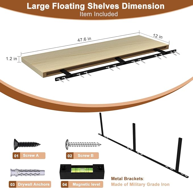 48 Inch Floating Shelf 2 Pack Large Floating Shelves for Wall No Drilling Accessories Included Deep Wall Shelves for Living Room Kitchen Farmhouse 48" W x 12" D x 1.2" Oak