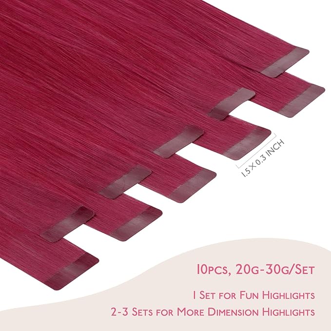 WENNALIFE Tape in Hair Extensions Human Hair Burgundy Red Tape in Extensions, 10pcs 25g 14 inch Remy Invisible Tape Ins Straight Colored Soft Real Human Hair Tape in Extensions Refill Set Extensions